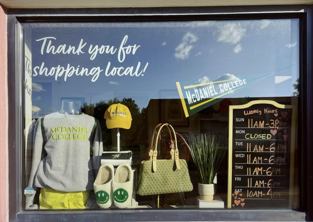 Clothing and items that represent McDaniel College colors.