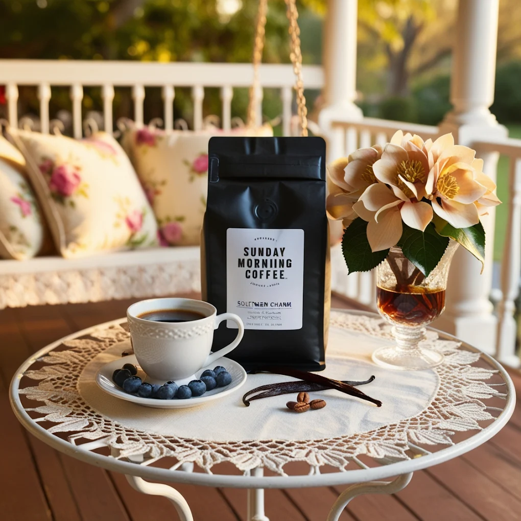 Cup of coffee with a bag of roast coffee on the porch.