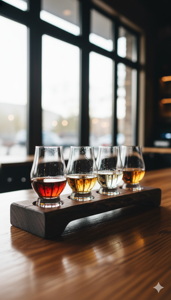 Flight of alchoholic drinks on a table near a window
