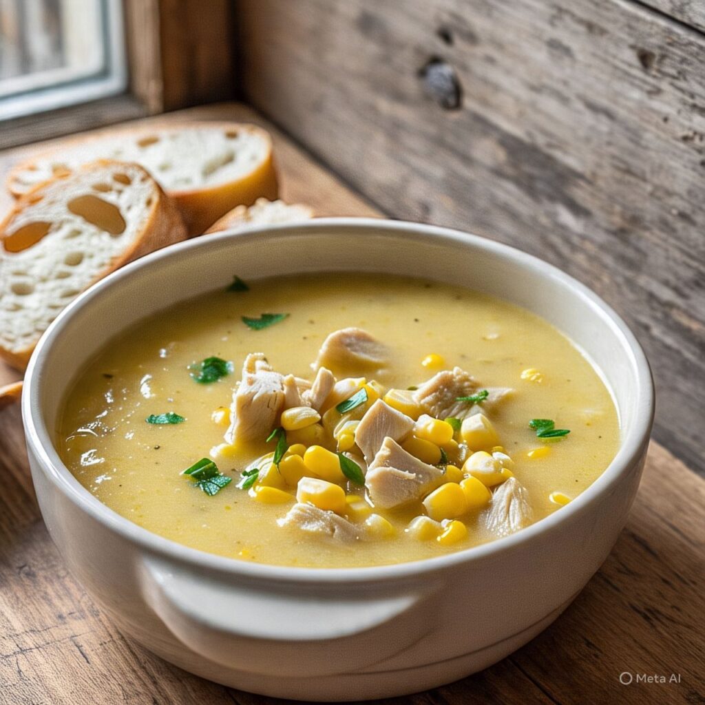 Chicken soup in a bowl with slices of bread on the side