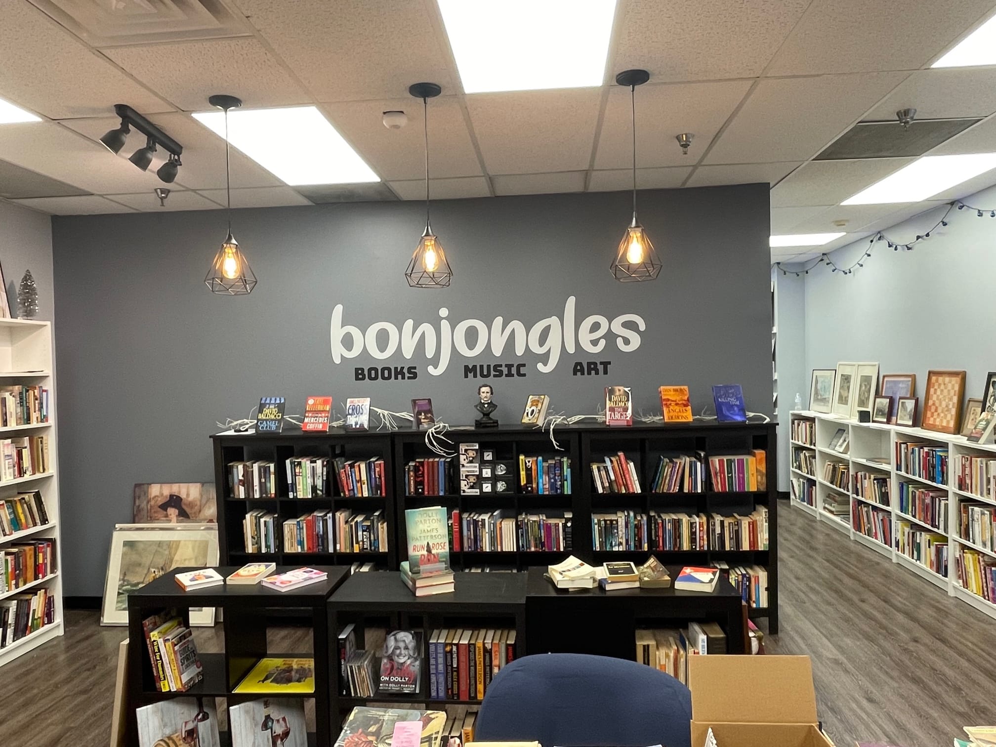 view of books and vinyl records in the bonjongles store
