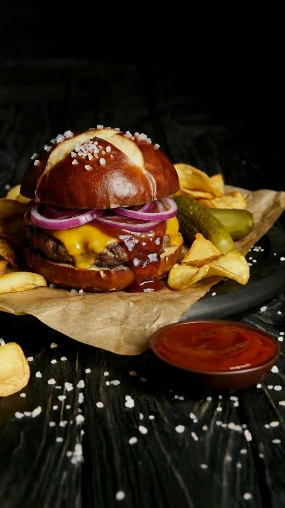 Cheeseburger on a pretzel bun